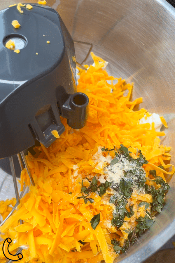Cheese ball mixture in mixing bowl